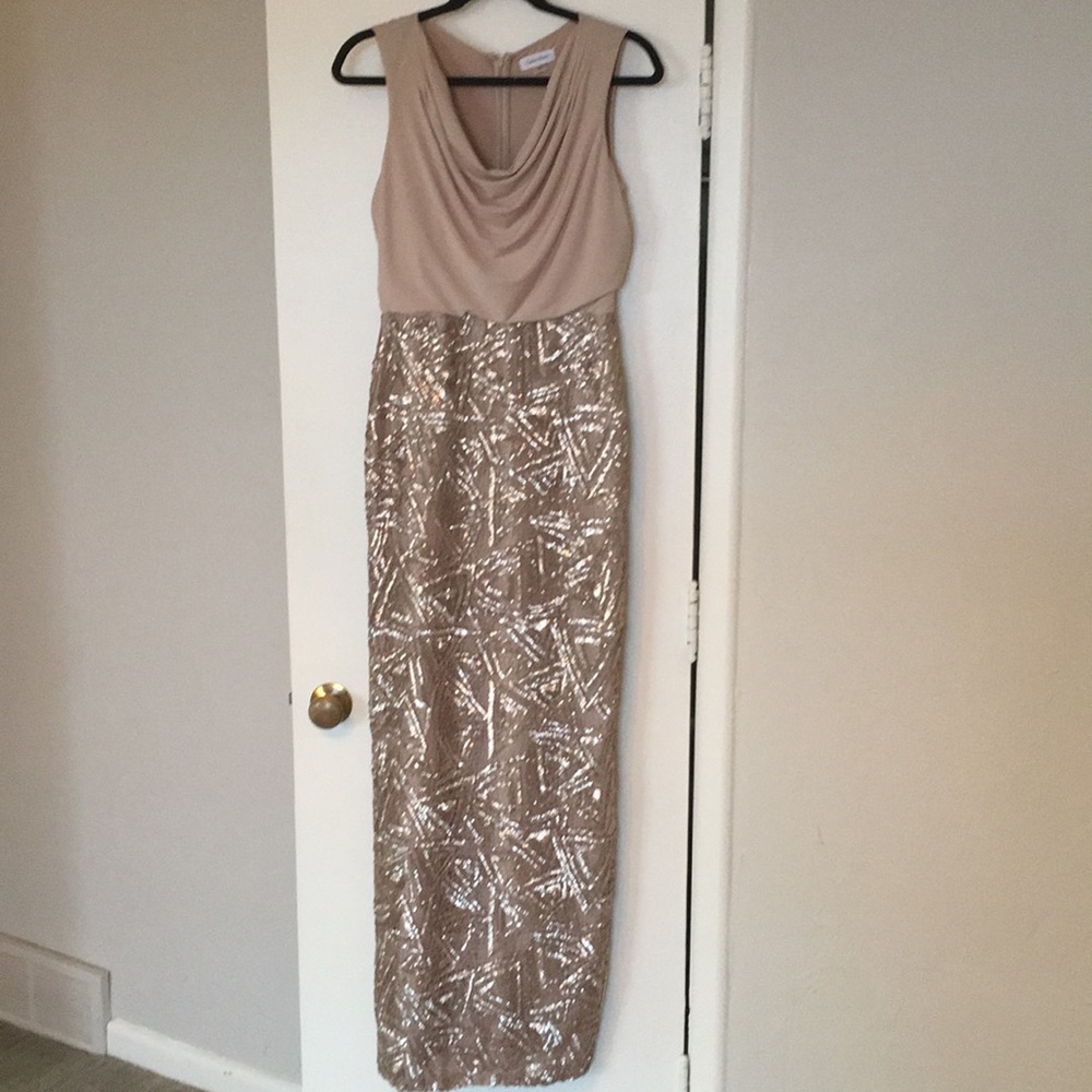 Calvin Klein Sequined Gold Formal Gown SZ 4